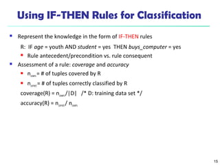 15
Using IF-THEN Rules for Classification
 Represent the knowledge in the form of IF-THEN rules
R: IF age = youth AND student = yes THEN buys_computer = yes
 Rule antecedent/precondition vs. rule consequent
 Assessment of a rule: coverage and accuracy
 ncovers= # of tuples covered by R
 ncorrect= # of tuples correctly classified by R
coverage(R) = ncovers/|D| /* D: training data set */
accuracy(R) = ncorrect/ ncovers
 