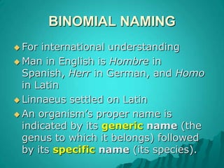 BINOMIAL NAMINGFor international understandingMan in English is Hombre in Spanish, Herr in German, and Homo in LatinLinnaeus settled on LatinAn organism’s proper name is indicated by its generic name (the genus to which it belongs) followed by its specific name (its species). 