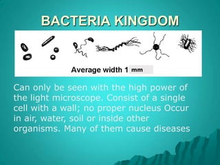 BACTERIA KINGDOMmmCan only be seen with the high power of the light microscope. Consist of a single cell with a wall; no proper nucleus Occur in air, water, soil or inside other organisms. Many of them cause diseases