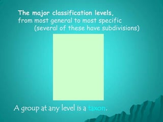 The major classification levels,from most general to most specific	(several of these have subdivisions)A group at any level is a taxon.