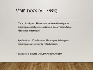 SÉRIE 1XXX (AL ≥ 99%)
• Caractéristiques : Haute conductivité électrique et
thermique, excellente résistance à la corrosion, faible
résistance mécanique.
• Applications : Conducteurs électriques, échangeurs
thermiques, revêtements réfléchissants.
• Exemples d’alliages :Al1050,Al1100,Al1350.
 