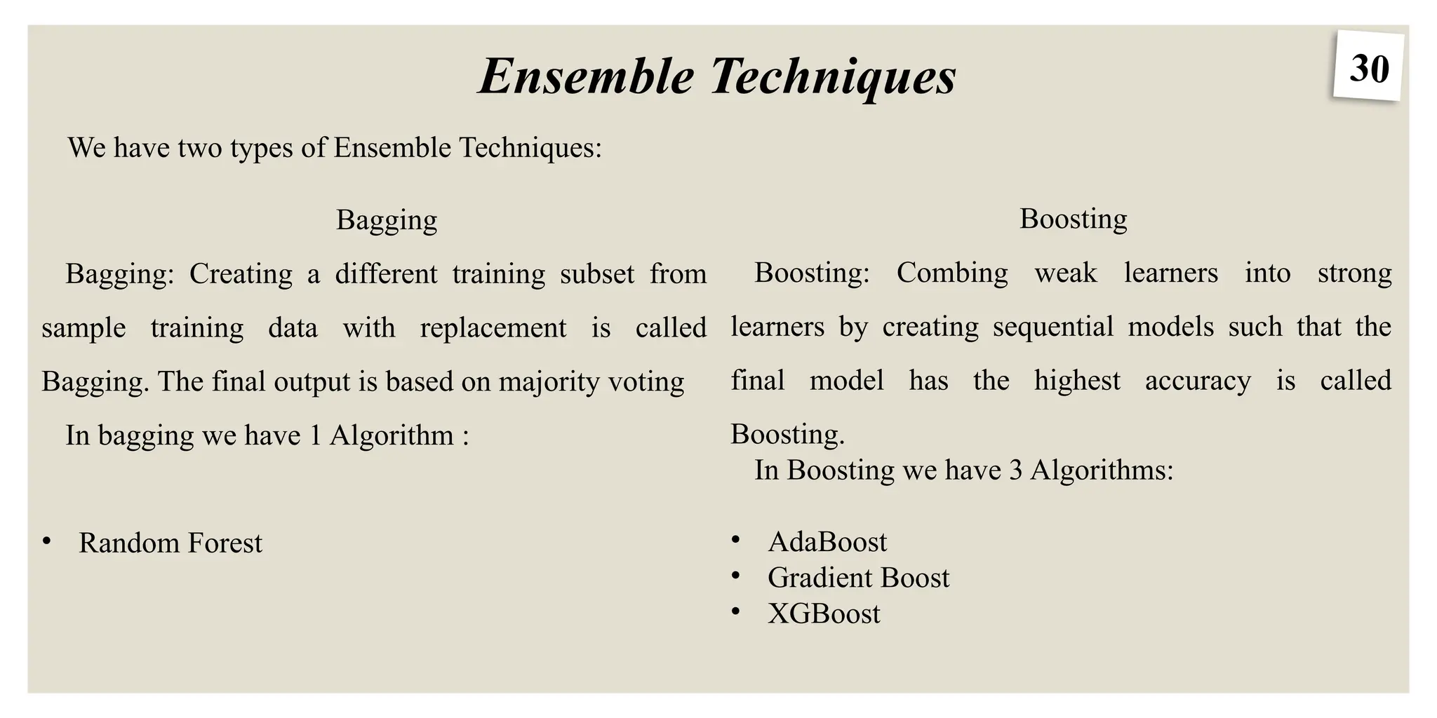 30
Ensemble Techniques
We have two types of Ensemble Techniques:
Bagging
Bagging: Creating a different training subset from
sample training data with replacement is called
Bagging. The final output is based on majority voting
In bagging we have 1 Algorithm :
• Random Forest
Boosting
Boosting: Combing weak learners into strong
learners by creating sequential models such that the
final model has the highest accuracy is called
Boosting.
In Boosting we have 3 Algorithms:
• AdaBoost
• Gradient Boost
• XGBoost
 