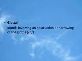 • Glottal 
sounds involving an obstruction or narrowing 
of the glottis (/h/) 
 