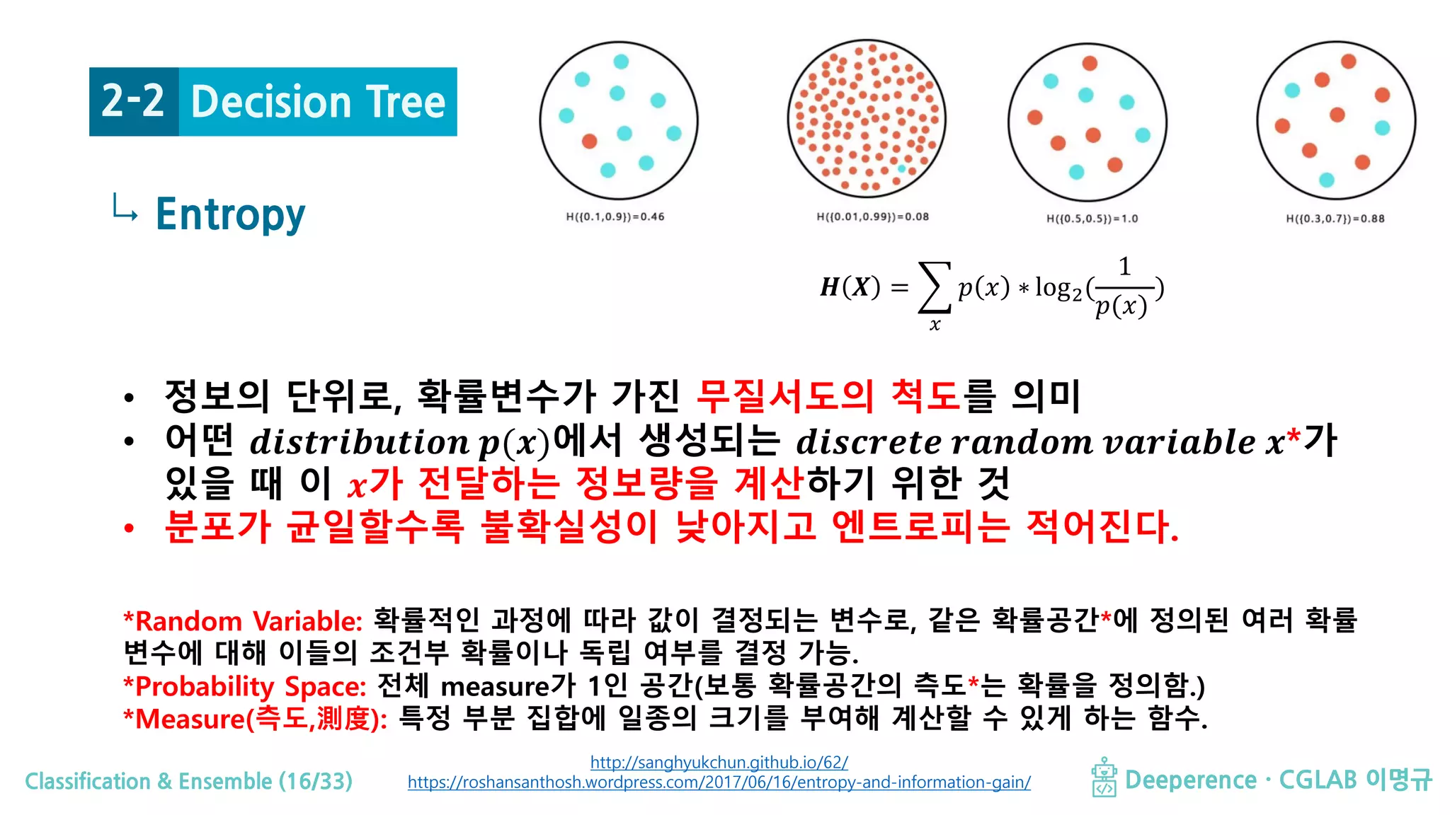 Classification & Ensemble (16/33) Deeperence · CGLAB 이명규
↳ Entropy
Decision Tree2-2
• 정보의 단위로, 확률변수가 가진 무질서도의 척도를 의미
• 어떤 𝒅𝒅𝒅𝒅𝒅𝒅𝒅𝒅𝒅𝒅𝒅𝒅𝒅𝒅𝒅𝒅𝒅𝒅𝒅𝒅𝒅𝒅𝒅𝒅 𝒑𝒑(𝒙𝒙)에서 생성되는 𝒅𝒅𝒅𝒅𝒅𝒅𝒅𝒅𝒅𝒅𝒅𝒅𝒅𝒅𝒅𝒅 𝒓𝒓𝒓𝒓𝒓𝒓𝒓𝒓𝒓𝒓𝒓𝒓 𝒗𝒗𝒗𝒗𝒗𝒗𝒗𝒗𝒗𝒗𝒗𝒗𝒗𝒗𝒗𝒗 𝒙𝒙*가
있을 때 이 𝒙𝒙가 전달하는 정보량을 계산하기 위한 것
• 분포가 균일할수록 불확실성이 낮아지고 엔트로피는 적어진다.
http://sanghyukchun.github.io/62/
https://roshansanthosh.wordpress.com/2017/06/16/entropy-and-information-gain/
*Random Variable: 확률적인 과정에 따라 값이 결정되는 변수로, 같은 확률공간*에 정의된 여러 확률
변수에 대해 이들의 조건부 확률이나 독립 여부를 결정 가능.
*Probability Space: 전체 measure가 1인 공간(보통 확률공간의 측도*는 확률을 정의함.)
*Measure(측도,測度): 특정 부분 집합에 일종의 크기를 부여해 계산할 수 있게 하는 함수.
𝑯𝑯 𝑿𝑿 = �
𝑥𝑥
𝑝𝑝 𝑥𝑥 ∗ log2(
1
𝑝𝑝(𝑥𝑥)
)
 