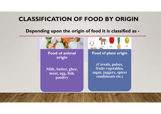 CLASSIFICATION OF FOOD BY ORIGIN
Depending upon the origin of food it is classified as -
Food of animal
origin
Milk, butter, ghee,
meat, egg, fish,
poultry
Food of plant origin
(Cereals, pulses,
fruits vegetables,
sugar, jaggery, spices
condiments etc.)
 