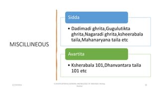 MISCILLINEOUS
• Dadimadi ghrita,Gugulutikta
ghrita,Nagaradi ghrita,ksheerabala
taila,Mahanaryana taila etc
Sidda
• Ksherabala 101,Dhanvantara taila
101 etc
Avartita
12/10/2023
CLASSIFICATION & GENERAL KNOWLEDGE OF SNEHA(Dr Akshay
Shetty)
18
 