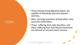 CONT…
• Those having strong digestive power, are
capable of tolerating excessive physical
exertion,
• Who eat large quantities of food often, who
consume sneha often,
• Those suffering from vata disorders, and
those suffering from hard bowel movement
are advised to consume bone marrow
12/10/2023
CLASSIFICATION & GENERAL KNOWLEDGE OF SNEHA(Dr Akshay
Shetty)
33
 