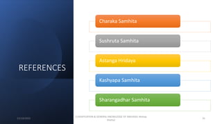 REFERENCES
Charaka Samhita
Sushruta Samhita
Astanga Hridaya
Kashyapa Samhita
Sharangadhar Samhita
12/10/2023
CLASSIFICATION & GENERAL KNOWLEDGE OF SNEHA(Dr Akshay
Shetty)
35
 