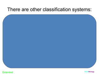 There are other classification systems:
• Cladistics:
Based on similarity and differences
between DNA and RNA sequences

AAAA
Extended

AGAA

AACA
AGTA
AGGA
ClickBiology

 