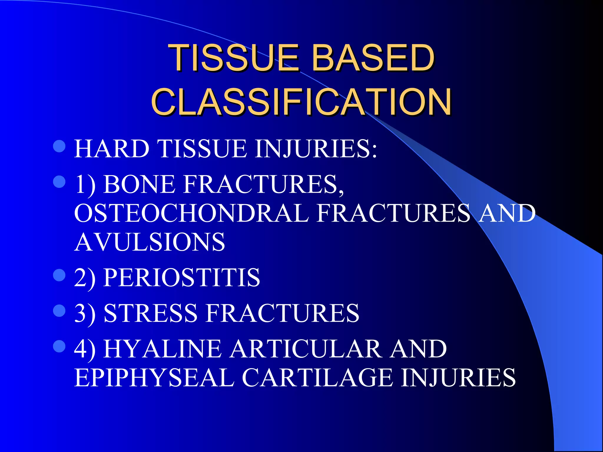TISSUE BASED CLASSIFICATION HARD TISSUE INJURIES: 1) BONE FRACTURES, OSTEOCHONDRAL FRACTURES AND AVULSIONS 2) PERIOSTITIS  3) STRESS FRACTURES 4) HYALINE ARTICULAR AND EPIPHYSEAL CARTILAGE INJURIES 