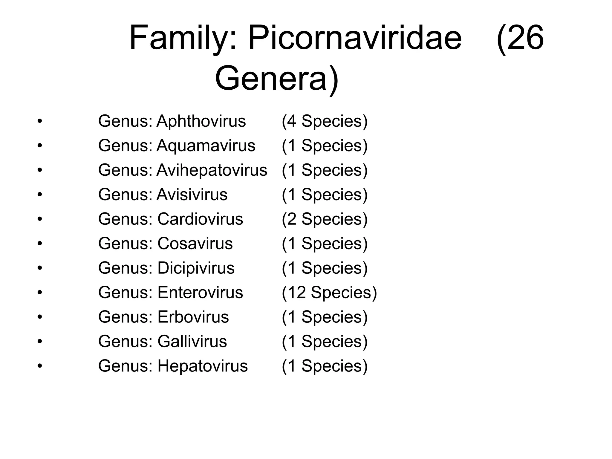 Family: Picornaviridae (26
Genera)
• Genus: Aphthovirus (4 Species)
• Genus: Aquamavirus (1 Species)
• Genus: Avihepatovirus (1 Species)
• Genus: Avisivirus (1 Species)
• Genus: Cardiovirus (2 Species)
• Genus: Cosavirus (1 Species)
• Genus: Dicipivirus (1 Species)
• Genus: Enterovirus (12 Species)
• Genus: Erbovirus (1 Species)
• Genus: Gallivirus (1 Species)
• Genus: Hepatovirus (1 Species)
 