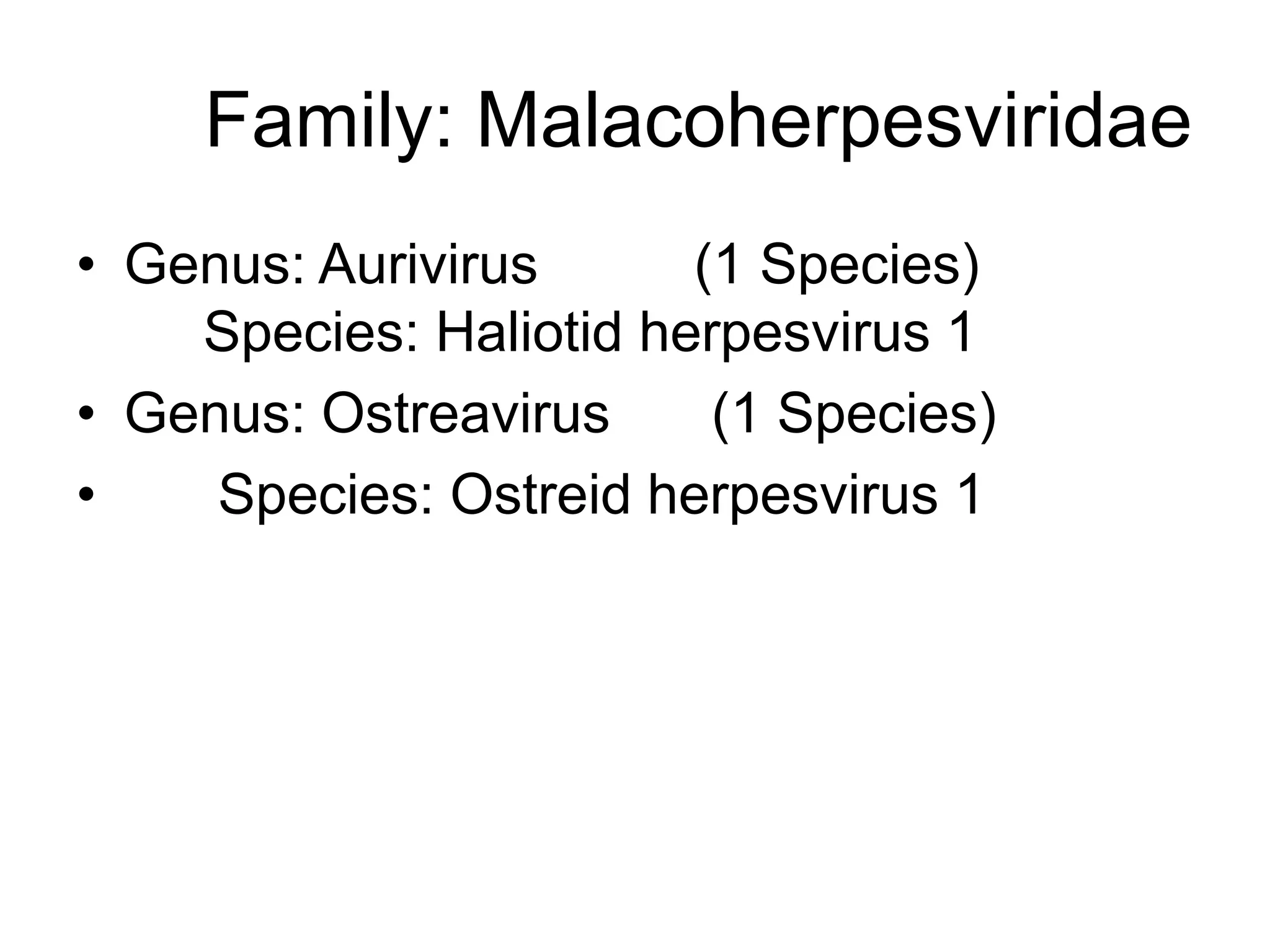 Family: Malacoherpesviridae
• Genus: Aurivirus (1 Species)
Species: Haliotid herpesvirus 1
• Genus: Ostreavirus (1 Species)
• Species: Ostreid herpesvirus 1
 