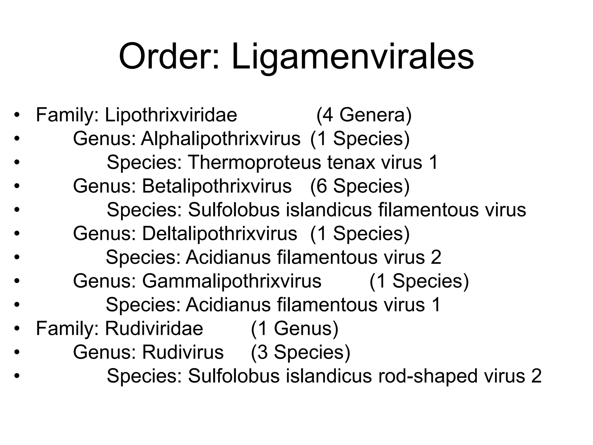 Order: Ligamenvirales
• Family: Lipothrixviridae (4 Genera)
• Genus: Alphalipothrixvirus (1 Species)
• Species: Thermoproteus tenax virus 1
• Genus: Betalipothrixvirus (6 Species)
• Species: Sulfolobus islandicus filamentous virus
• Genus: Deltalipothrixvirus (1 Species)
• Species: Acidianus filamentous virus 2
• Genus: Gammalipothrixvirus (1 Species)
• Species: Acidianus filamentous virus 1
• Family: Rudiviridae (1 Genus)
• Genus: Rudivirus (3 Species)
• Species: Sulfolobus islandicus rod-shaped virus 2
 