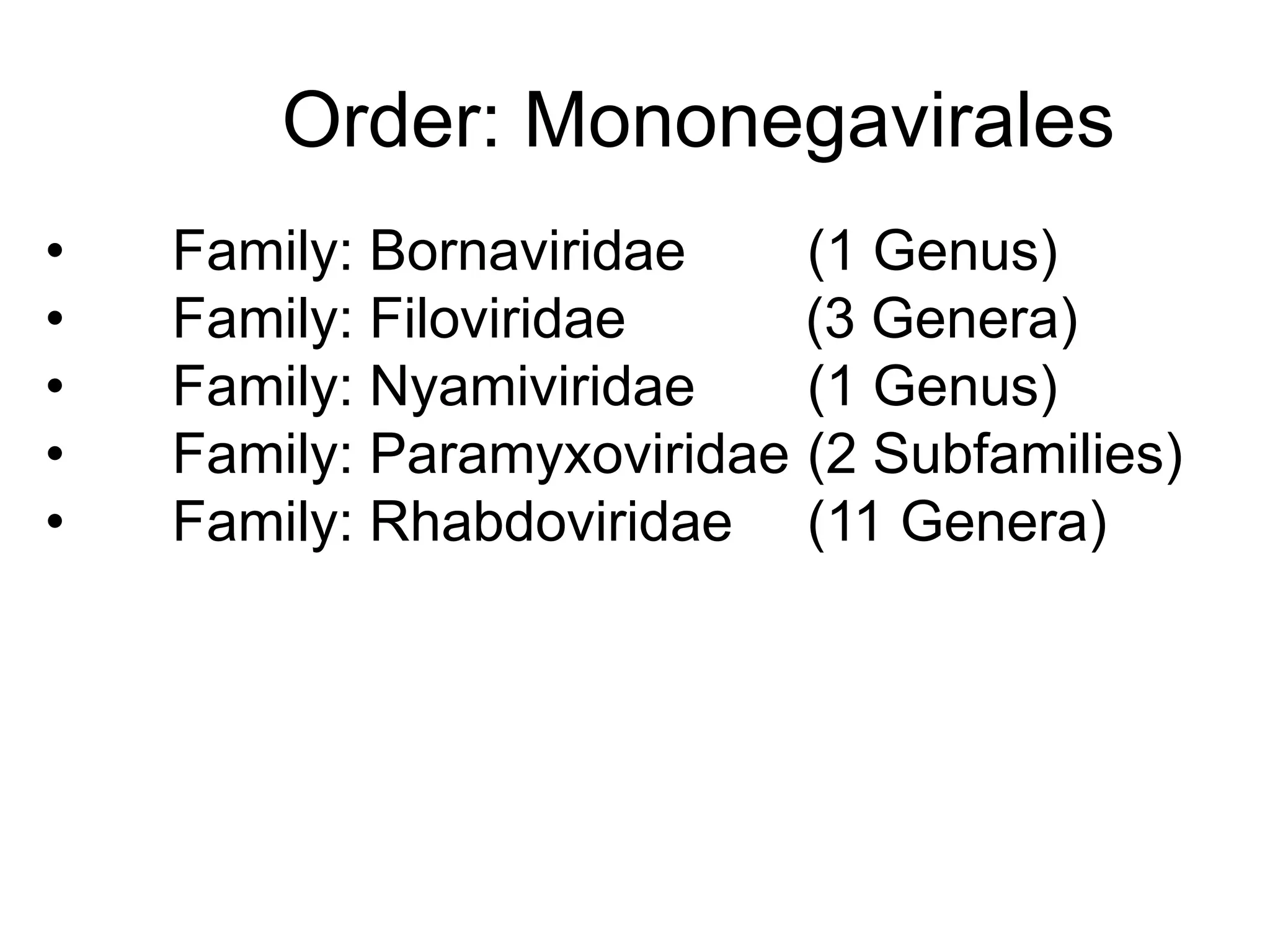 Order: Mononegavirales
• Family: Bornaviridae (1 Genus)
• Family: Filoviridae (3 Genera)
• Family: Nyamiviridae (1 Genus)
• Family: Paramyxoviridae (2 Subfamilies)
• Family: Rhabdoviridae (11 Genera)
 