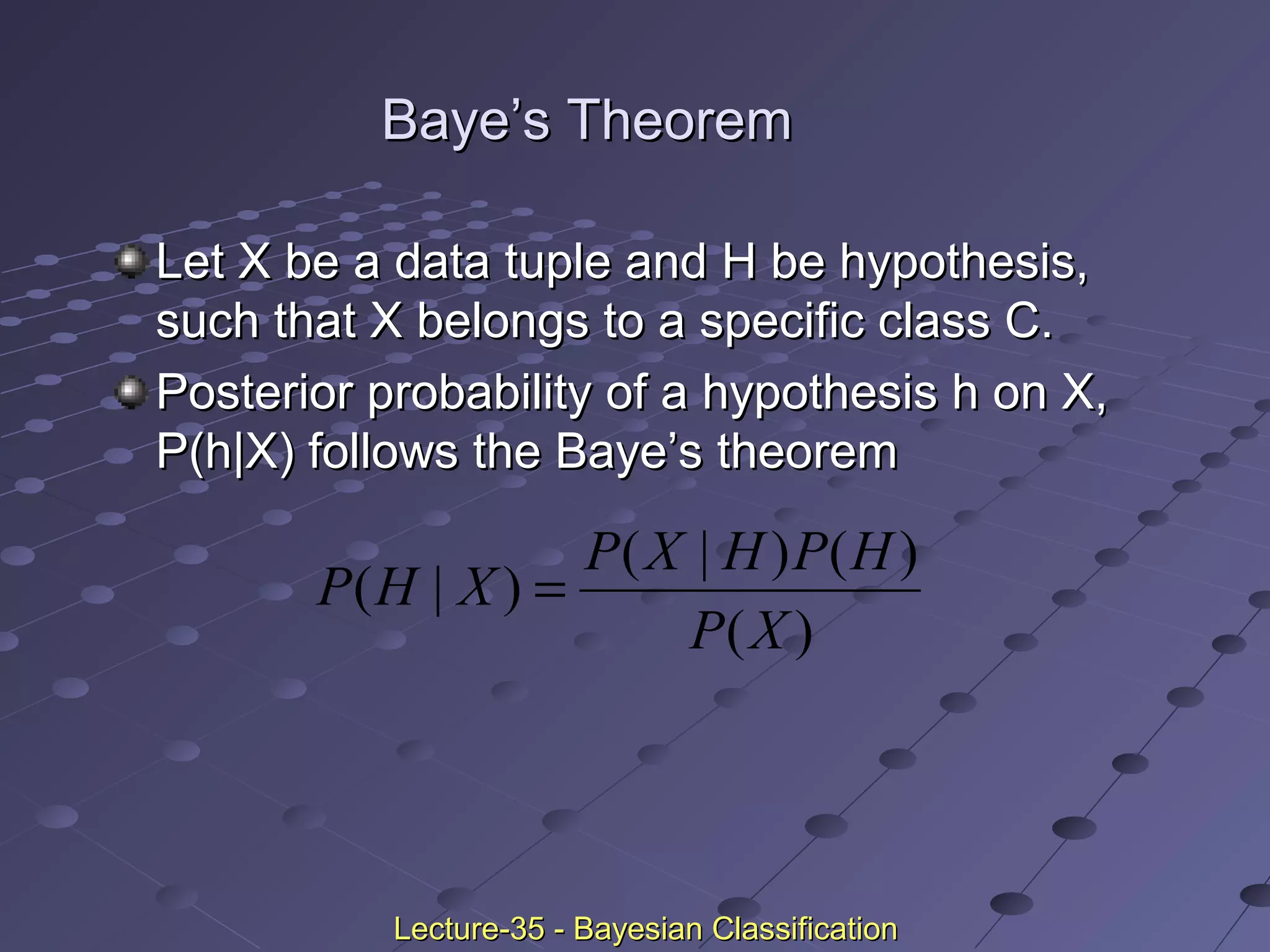 Baye’s TheoremBaye’s Theorem
Let X be a data tuple and H be hypothesis,Let X be a data tuple and H be hypothesis,
such that X belongs to a specific class C.such that X belongs to a specific class C.
Posterior probability of a hypothesis h on X,Posterior probability of a hypothesis h on X,
P(h|X) follows the Baye’s theoremP(h|X) follows the Baye’s theorem
)(
)()|(
)|(
XP
HPHXP
XHP =
Lecture-35 - Bayesian ClassificationLecture-35 - Bayesian Classification
 
