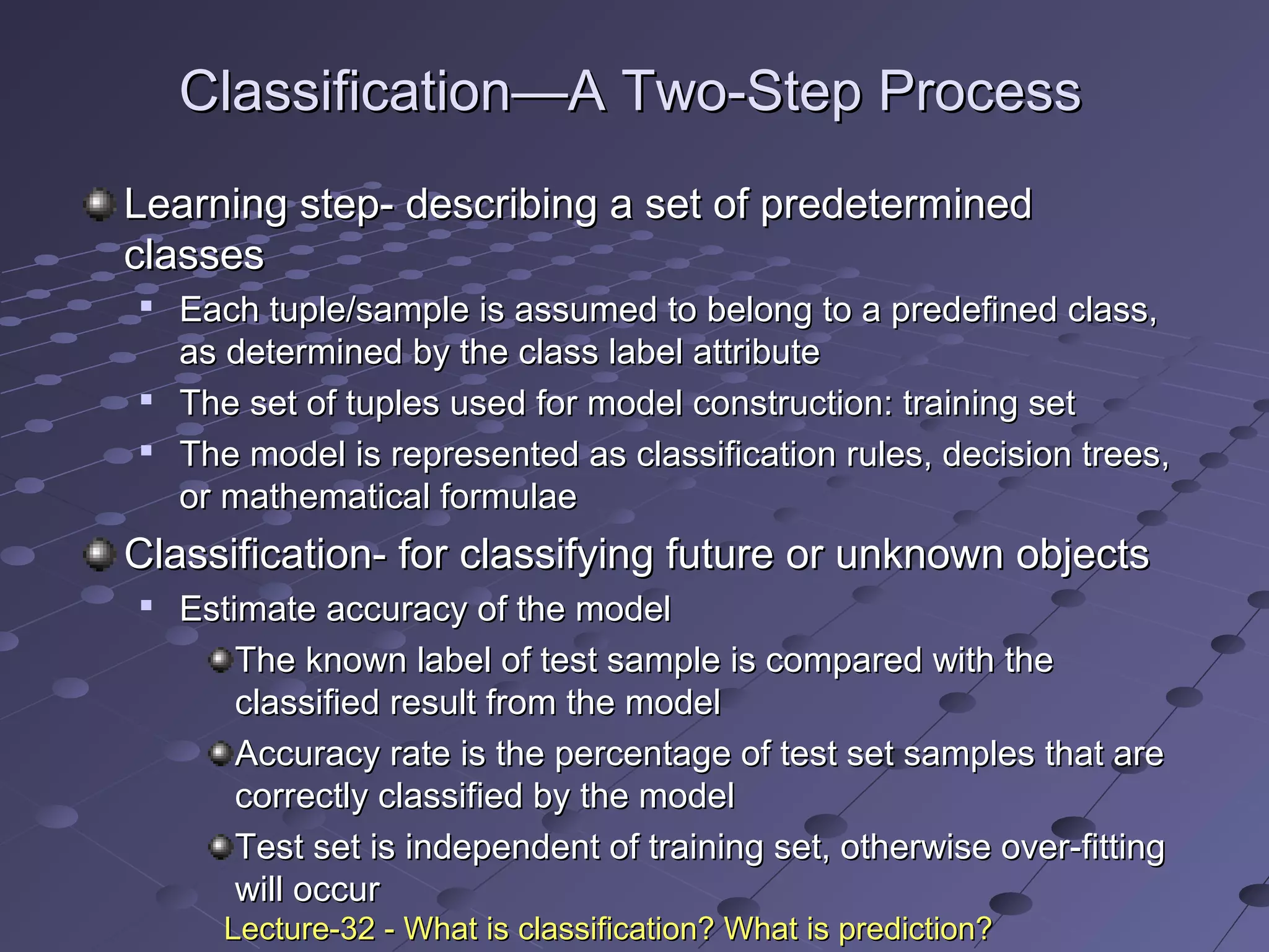 Classification—A Two-Step ProcessClassification—A Two-Step Process
Learning step- describing a set of predeterminedLearning step- describing a set of predetermined
classesclasses

Each tuple/sample is assumed to belong to a predefined class,Each tuple/sample is assumed to belong to a predefined class,
as determined by the class label attributeas determined by the class label attribute

The set of tuples used for model construction: training setThe set of tuples used for model construction: training set

The model is represented as classification rules, decision trees,The model is represented as classification rules, decision trees,
or mathematical formulaeor mathematical formulae
Classification- for classifying future or unknown objectsClassification- for classifying future or unknown objects

Estimate accuracy of the modelEstimate accuracy of the model
The known label of test sample is compared with theThe known label of test sample is compared with the
classified result from the modelclassified result from the model
Accuracy rate is the percentage of test set samples that areAccuracy rate is the percentage of test set samples that are
correctly classified by the modelcorrectly classified by the model
Test set is independent of training set, otherwise over-fittingTest set is independent of training set, otherwise over-fitting
will occurwill occur
Lecture-32 - What is classification? What is prediction?Lecture-32 - What is classification? What is prediction?
 