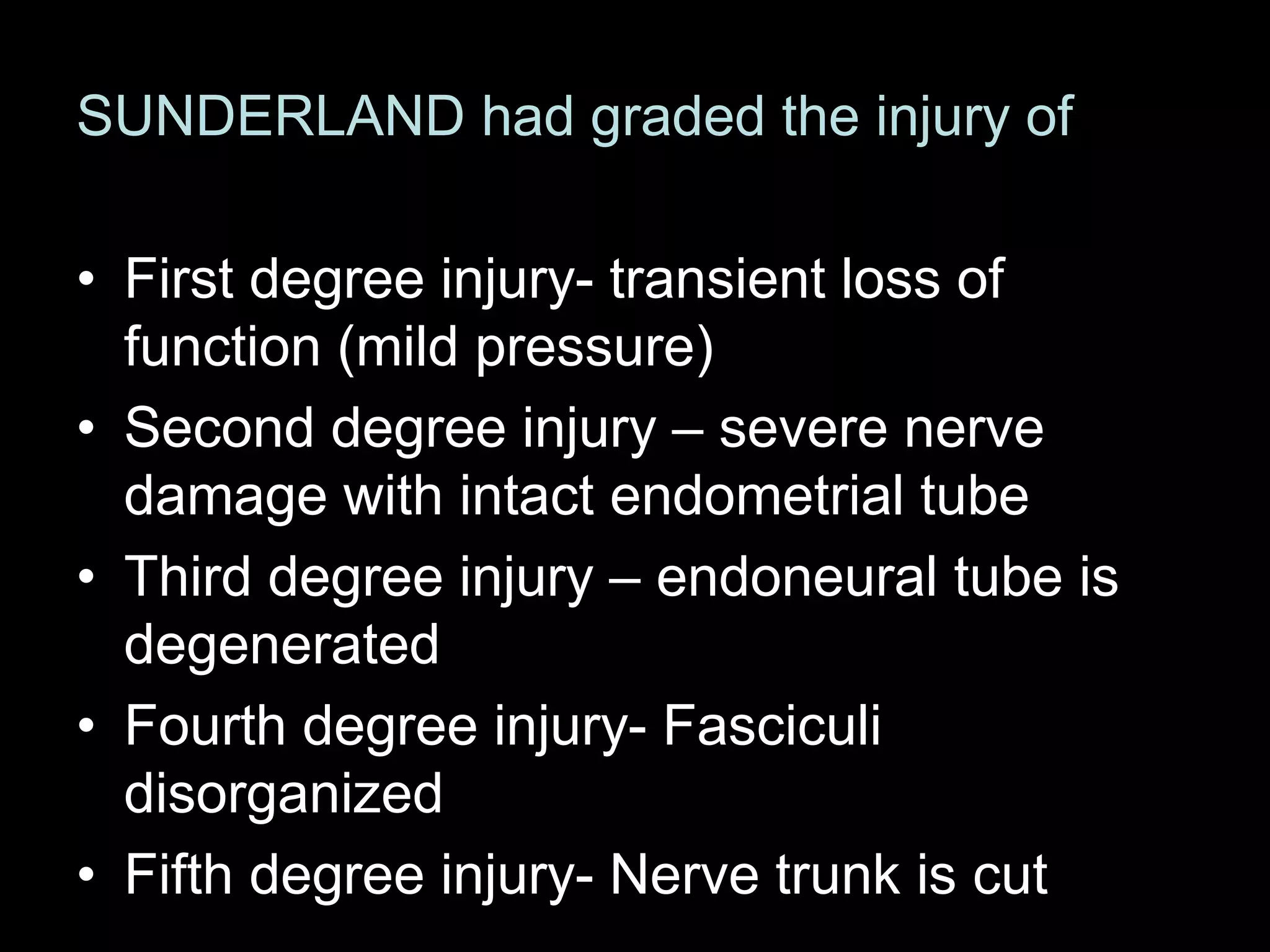 SUNDERLAND had graded the injury of
• First degree injury- transient loss of
function (mild pressure)
• Second degree injury – severe nerve
damage with intact endometrial tube
• Third degree injury – endoneural tube is
degenerated
• Fourth degree injury- Fasciculi
disorganized
• Fifth degree injury- Nerve trunk is cut 43
 