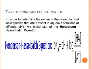 TO DETERMINE MOLECULAR NATURE
•In order to determine the nature of the molecular and
ionic species that are present in aqueous solutions at
different pH's, we make use of the Henderson Hasselbalch Equation.

 