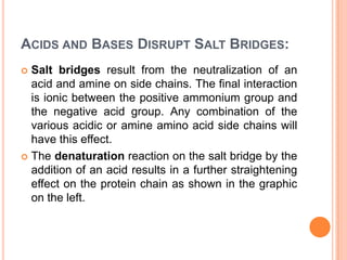 ACIDS AND BASES DISRUPT SALT BRIDGES:
Salt bridges result from the neutralization of an
acid and amine on side chains. The final interaction
is ionic between the positive ammonium group and
the negative acid group. Any combination of the
various acidic or amine amino acid side chains will
have this effect.
 The denaturation reaction on the salt bridge by the
addition of an acid results in a further straightening
effect on the protein chain as shown in the graphic
on the left.


 