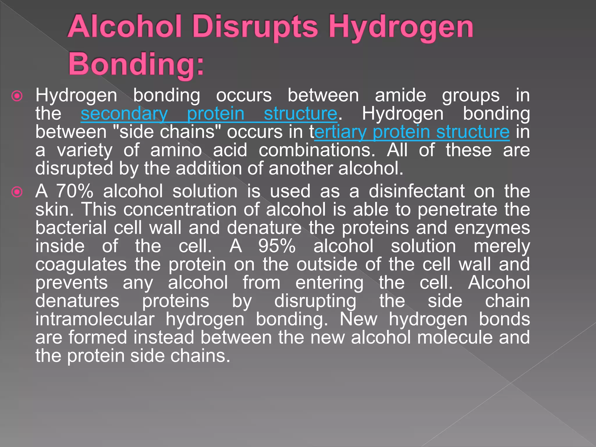  Hydrogen bonding occurs between amide groups in
the secondary protein structure. Hydrogen bonding
between "side chains" occurs in tertiary protein structure in
a variety of amino acid combinations. All of these are
disrupted by the addition of another alcohol.
 A 70% alcohol solution is used as a disinfectant on the
skin. This concentration of alcohol is able to penetrate the
bacterial cell wall and denature the proteins and enzymes
inside of the cell. A 95% alcohol solution merely
coagulates the protein on the outside of the cell wall and
prevents any alcohol from entering the cell. Alcohol
denatures proteins by disrupting the side chain
intramolecular hydrogen bonding. New hydrogen bonds
are formed instead between the new alcohol molecule and
the protein side chains.
 