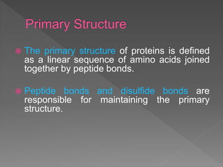 The primary structure of proteins is defined
as a linear sequence of amino acids joined
together by peptide bonds.
 Peptide bonds and disulfide bonds are
responsible for maintaining the primary
structure.
 