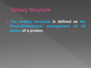  The tertiary structure is defined as the
three-dimensional arrangement of all
atoms of a protein.
 