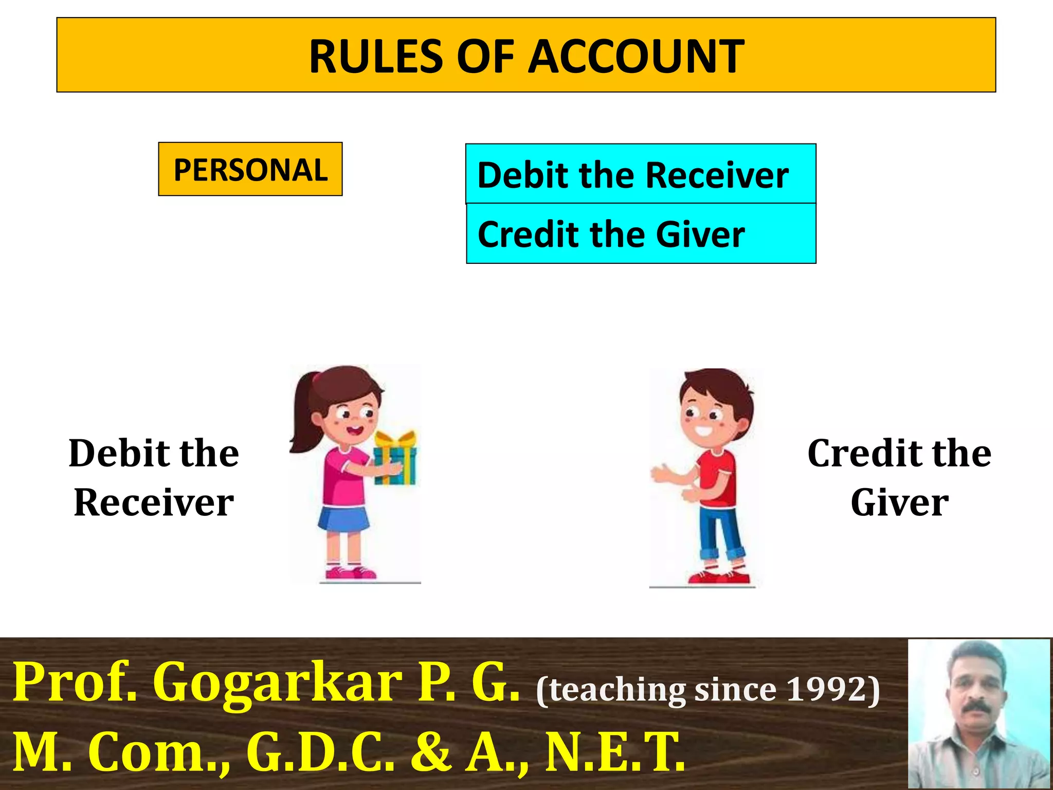 RULES OF ACCOUNT
Prof. Gogarkar P. G. (teaching since 1992)
M. Com., G.D.C. & A., N.E.T.
PERSONAL Debit the Receiver
Credit the Giver
Debit the
Receiver
Credit the
Giver
 