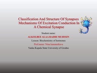 Classification And Structure Of Synapses
Mechanisms Of Excitation Conduction In
A Chemical Synapse
Student name:
ALKOLBEE ALAA RADHI MUHSSIN
Lesson: Biochemistry of hormones
Prof.name: Nina kanunnikava
Yanka Kupala State University of Grodno
 