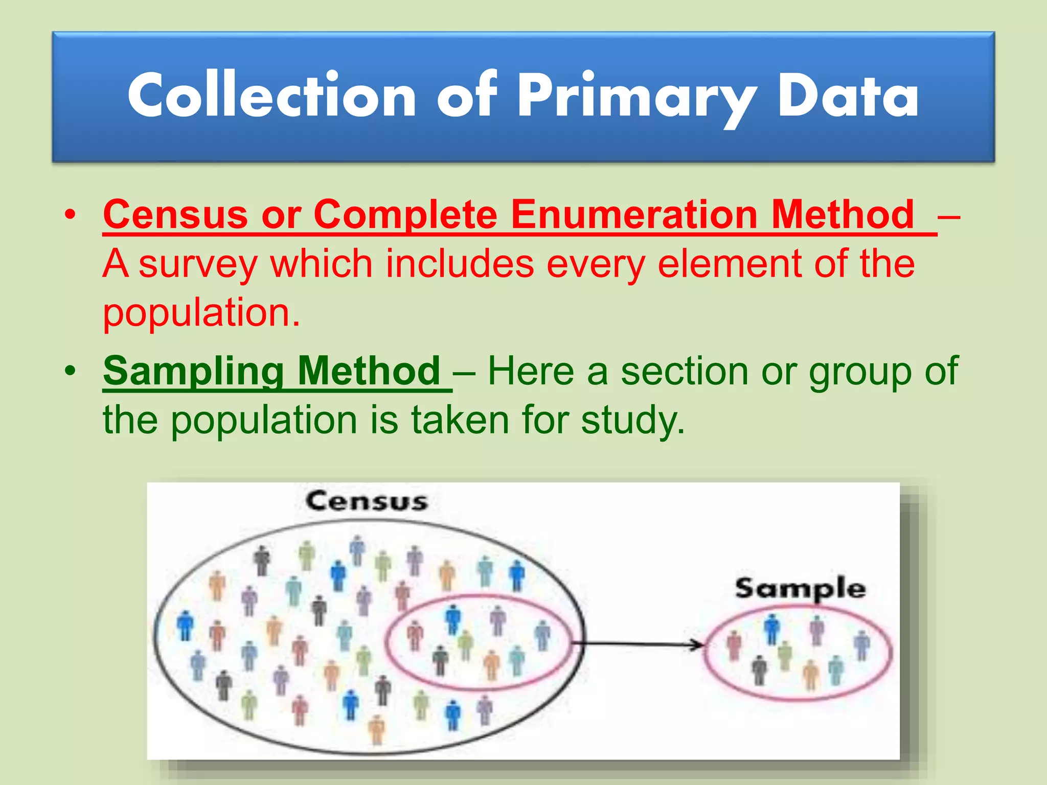 Collection of Primary Data
• Census or Complete Enumeration Method –
A survey which includes every element of the
population.
• Sampling Method – Here a section or group of
the population is taken for study.
 