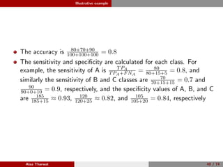 Illustrative example
The accuracy is 80+70+90
100+100+100 = 0.8
The sensitivity and speciﬁcity are calculated for each class. For
example, the sensitivity of A is TPA
TPA+FNA
= 80
80+15+5 = 0.8, and
similarly the sensitivity of B and C classes are 70
70+15+15 = 0.7 and
90
90+0+10 = 0.9, respectively, and the speciﬁcity values of A, B, and C
are 185
185+15 ≈ 0.93, 120
120+25 ≈ 0.82, and 105
105+20 = 0.84, respectively
Alaa Tharwat 40 / 74
 