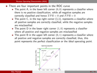 Receiver Operating Characteristics (ROC)
There are four important points in the ROC curve
The point A, in the lower left corner (0, 0) represents a classiﬁer where
there is no positive classiﬁcation, while all negative samples are
correctly classiﬁed and hence TPR = 0 and FPR = 0
The point C, in the top right corner (1,1), represents a classiﬁer where
all positive samples are correctly classiﬁed, while the negative samples
are misclassiﬁed
The point D in the lower right corner (1, 0) represents a classiﬁer
where all positive and negative samples are misclassiﬁed
The point B in the upper left corner (0, 1) represents a classiﬁer where
all positive and negative samples are correctly classiﬁed; thus, this
point represents the perfect classiﬁcation or the Ideal operating point.
0
0.2 0.4 0.6 0.8 1.00
0.2
0.4
0.6
0.8
1.0
False positive rate (FPR)
Truepositiverate(TPR)
A
B C
D
Better
W
orse
Optimal classifier
Optimistic
Pessimistic
Expected
C
Alaa Tharwat 44 / 74
 