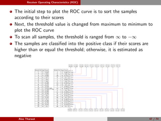 Receiver Operating Characteristics (ROC)
The initial step to plot the ROC curve is to sort the samples
according to their scores
Next, the threshold value is changed from maximum to minimum to
plot the ROC curve
To scan all samples, the threshold is ranged from ∞ to −∞
The samples are classiﬁed into the positive class if their scores are
higher than or equal the threshold; otherwise, it is estimated as
negative
Sample No. Class Score
3
6
18
4
1
2
13
14
7
12
5
11
8
15
16
17
10
19
9
20
t1= ∞
t21= 0.1
Class Score
Sort
P
P
N
P
P
P
N
N
P
N
P
N
P
N
N
N
P
N
P
N
0.82
0.8
0.75
0.7
0.62
0.6
0.54
0.5
0.49
0.45
0.4
0.39
0.37
0.32
0.3
0.26
0.23
0.21
0.19
0.1
∞
t2= 0.82
t3= 0.8
t4= 0.75
t5= 0.7
t6= 0.62
t7= 0.6
t8= 0.54
t9= 0.5
t10=0.49
t11=0.45
t12= 0.4
t13=0.39
t14=0.37
t15=0.32
t16= 0.3
t17=0.26
t18=0.23
t19=0.21
t20=0.19
0 0
10 10
1 0
9 10
2 0
8 10
2 1
8 9
3 1
7 9
6 3
4 7
4 1
6 9
5 3
5 7
5 2
5 8
10 10
0 0
10 9
0 1
9 9
1 1
9 8
1 2
8 8
2 2
7 4
3 6
8 7
2 3
8 6
2 4
7 5
3 5
8 5
2 5
6 4
4 6
5 1
5 9
P
P
N
P
P
P
N
N
P
N
P
N
P
N
N
N
P
N
P
N
0.82
0.8
0.75
0.7
0.62
0.6
0.54
0.5
0.49
0.45
0.4
0.39
0.37
0.32
0.3
0.26
0.23
0.21
0.19
0.1
Sample No.
1
2
3
4
5
6
7
8
9
10
11
12
13
14
15
16
17
18
19
20
Alaa Tharwat 47 / 74
 