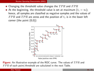 Receiver Operating Characteristics (ROC)
Changing the threshold value changes the TPR and FPR
At the beginning, the threshold value is set at maximum (t1 = ∞);
hence, all samples are classiﬁed as negative samples and the values of
FPR and TPR are zeros and the position of t1 is in the lower left
corner (the point (0,0))
0
0.2 0.4 0.6 0.8 1.00
0.2
0.4
0.6
0.8
1.0
False positive rate (FPR)
Truepositiverate(TPR)
t1
0.1 0.3 0.5 0.7 0.9
0.9
0.7
0.5
0.3
0.1
t2
t3
t4
t5
t6
t7
t8 t9
t10
t11
t12
t13
t14
t15 t16 t17
t18
t19
t20
t21
Figure: An illustrative example of the ROC curve. The values of TPR and
FPR of each point/threshold are calculated in the next Table.
Alaa Tharwat 48 / 74
 