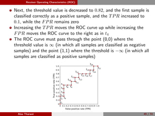 Receiver Operating Characteristics (ROC)
Next, the threshold value is decreased to 0.82, and the ﬁrst sample is
classiﬁed correctly as a positive sample, and the TPR increased to
0.1, while the FPR remains zero
Increasing the TPR moves the ROC curve up while increasing the
FPR moves the ROC curve to the right as in t4
The ROC curve must pass through the point (0,0) where the
threshold value is ∞ (in which all samples are classiﬁed as negative
samples) and the point (1,1) where the threshold is −∞ (in which all
samples are classiﬁed as positive samples)
0
0.2 0.4 0.6 0.8 1.00
0.2
0.4
0.6
0.8
1.0
False positive rate (FPR)
Truepositiverate(TPR)
t1
0.1 0.3 0.5 0.7 0.9
0.9
0.7
0.5
0.3
0.1
t2
t3
t4
t5
t6
t7
t8 t9
t10
t11
t12
t13
t14
t15 t16 t17
t18
t19
t20
t21
Alaa Tharwat 49 / 74
 
