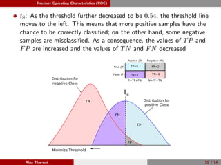 Receiver Operating Characteristics (ROC)
t8: As the threshold further decreased to be 0.54, the threshold line
moves to the left. This means that more positive samples have the
chance to be correctly classiﬁed; on the other hand, some negative
samples are misclassiﬁed. As a consequence, the values of TP and
FP are increased and the values of TN and FN decreased
TN
Positive (P) Negative (N)
True (T)
False (F)
P=TP+FN N=FP+TN
FN=5 TN=8
TP=5 FP=2
Minimize Threshold
Distribution for
positive Class
Distribution for
negative Class
t8
FN
TP
FP
Alaa Tharwat 55 / 74
 