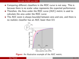 Area under the ROC curve (AUC)
Comparing diﬀerent classiﬁers in the ROC curve is not easy. This is
because there is no scalar value represents the expected performance
Therefore, the Area under the ROC curve (AUC) metric is used to
calculate the area under the ROC curve
The AUC score is always bounded between zero and one, and there is
no realistic classiﬁer has an AUC lower than 0.5
0
0.2 0.4 0.6 0.8 1.00
0.2
0.4
0.6
0.8
1.0
False positive rate (FPR)
Truepositiverate(TPR)
B
A
FPR1 FPR2
TPR1
TPR2
Figure: An illustrative example of the AUC metric.
Alaa Tharwat 61 / 74
 