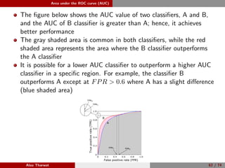 Area under the ROC curve (AUC)
The ﬁgure below shows the AUC value of two classiﬁers, A and B,
and the AUC of B classiﬁer is greater than A; hence, it achieves
better performance
The gray shaded area is common in both classiﬁers, while the red
shaded area represents the area where the B classiﬁer outperforms
the A classiﬁer
It is possible for a lower AUC classiﬁer to outperform a higher AUC
classiﬁer in a speciﬁc region. For example, the classiﬁer B
outperforms A except at FPR  0.6 where A has a slight diﬀerence
(blue shaded area)
0
0.2 0.4 0.6 0.8 1.00
0.2
0.4
0.6
0.8
1.0
False positive rate (FPR)
Truepositiverate(TPR)
B
A
FPR1 FPR2
TPR1
TPR2
Alaa Tharwat 62 / 74
 