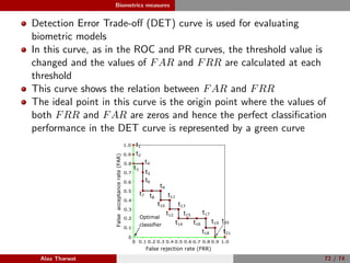 Biometrics measures
Detection Error Trade-oﬀ (DET) curve is used for evaluating
biometric models
In this curve, as in the ROC and PR curves, the threshold value is
changed and the values of FAR and FRR are calculated at each
threshold
This curve shows the relation between FAR and FRR
The ideal point in this curve is the origin point where the values of
both FRR and FAR are zeros and hence the perfect classiﬁcation
performance in the DET curve is represented by a green curve
0
0.2 0.4 0.6 0.8 1.00
0.2
0.4
0.6
0.8
1.0
False rejection rate (FRR)
Falseacceptancerate(FAR)
t1
0.1 0.3 0.5 0.7 0.9
0.9
0.7
0.5
0.3
0.1
t2
t3
t4
t5
t6
t7 t8
t9
t10
t11
t12
t13
t14
t15
t16
t17
t18
t19 t20
t21
Optimal
classifier
Alaa Tharwat 72 / 74
 
