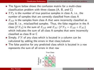 Classiﬁcation Performance confusion matrix for multi-class classiﬁcation problems
The ﬁgure below shows the confusion matrix for a multi-class
classiﬁcation problem with three classes (A, B, and C)
TPA is the number of true positive samples in class A, i.e., the
number of samples that are correctly classiﬁed from class A
EAB is the samples from class A that were incorrectly classiﬁed as
class B, i.e., misclassiﬁed samples. Thus, the false negative in the A
class (FNA) is the sum of EAB and EAC (FNA = EAB + EAC)
which indicates the sum of all class A samples that were incorrectly
classiﬁed as class B or C
Simply, FN of any class which is located in a column can be
calculated by adding the errors in that class/column
The false positive for any predicted class which is located in a row
represents the sum of all errors in that row
True Class
A
Predicted
Class
B C
A
B
C
TPA
TPB
TPC
EBA ECA
ECB
EBCEAC
EAB
Alaa Tharwat 8 / 74
 