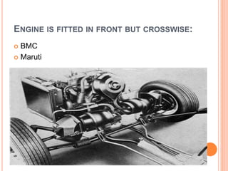 ENGINE IS FITTED IN FRONT BUT CROSSWISE:
 BMC
 Maruti
 