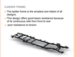 LADDER FRAME:
 The ladder frame is the simplest and oldest of all
designs.
 This design offers good beam resistance because
of its continuous rails from front to rear
 poor resistance to torsion
 