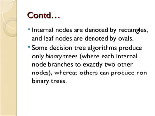 Contd…
Contd…
 Internal nodes are denoted by rectangles,
and leaf nodes are denoted by ovals.
 Some decision tree algorithms produce
only binary trees (where each internal
node branches to exactly two other
nodes), whereas others can produce non
binary trees.
 