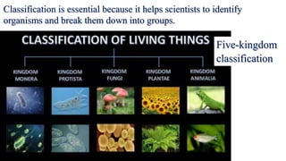 Classification is essential because it helps scientists to identify
organisms and break them down into groups.
Five-kingdom
classification
 