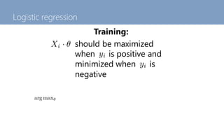 Logistic regression
Training:
should be maximized
when is positive and
minimized when is
negative
 