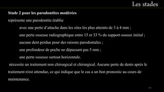 Stade 2 pour les parodontites modérées
représente une parodontite établie
avec une perte d’attache dans les sites les plus atteints de 3 à 4 mm ;
une perte osseuse radiographique entre 15 et 33 % du support osseux initial ;
aucune dent perdue pour des raisons parodontales ;
une profondeur de poche ne dépassant pas 5 mm ;
une perte osseuse surtout horizontale.
nécessite un traitement non chirurgical et chirurgical. Aucune perte de dents après le
traitement n'est attendue, ce qui indique que le cas a un bon pronostic au cours de
maintenance.
Les stades
101
 