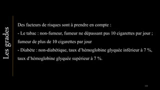 Lesgrades
Des facteurs de risques sont à prendre en compte :
- Le tabac : non-fumeur, fumeur ne dépassant pas 10 cigarettes par jour ;
fumeur de plus de 10 cigarettes par jour
- Diabète : non-diabétique, taux d’hémoglobine glyquée inférieur à 7 %,
taux d’hémoglobine glyquée supérieur à 7 %.
108
 