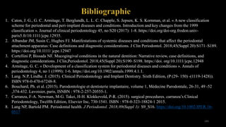 145
1. Caton, J. G., G. C. Armitage, T. Berglundh, L. L. C. Chapple, S. Jepsen, K. S. Kornman, et al. « A new classification
scheme for periodontal and peri‐implant diseases and conditions. Introduction and key changes from the 1999
classification ». Journal of clinical periodontology 45, no S20 (2017): 1-8. https://doi.org/doi-org.frodon.univ-
paris5.fr/10.1111/jcpe.12935.
2. Albandar JM, Susin C, Hughes FJ. Manifestations of systemic diseases and conditions that affect the periodontal
attachment apparatus: Case definitions and diagnostic considerations. J Clin Periodontol. 2018;45(Suppl 20):S171–S189.
https://doi.org/10.1111/ jcpe.12947
3. Cortellini P, Bissada NF. Mucogingival conditions in the natural dentition: Narrative review, case definitions, and
diagnostic considerations. J Clin,Periodontol. 2018;45(Suppl 20):S190–S198. https://doi. org/10.1111/jcpe.12948
4. Armitage, G. C. « Development of a classification system for periodontal diseases and conditions ». Annals of
periodontology 4, no 1 (1999): 1-6. https://doi.org/10.1902/annals.1999.4.1.1.
5. Lang. N.P, Lindhe. J. (2015). Clinical Periodontology and Implant Dentistry. Sixth Edition, (P (29- 150) -(1119-1428)).
ISBN 978-0-470-67248-8.
6. Bouchard, Ph. et al. (2015). Parodontologie et dentisterie implantaire, volume 1, Médecine Parodontale, 26-31, 49 -52
,374-432. Lavoisier, paris, ISNBN : 978-2-257-20555-1.
7. Carranza, F-A. Newman, M-G. Takei, H-H. Klokkevold, P-R. (2015). surgical procedures. carranza’s Clinical
Periodontology, Twelfth Edition, Elsevier Inc, 730-1541. ISBN : 978-0-323-18824-1 2015.
8. Lang NP, Bartold PM. Periodontal health. J Periodontol. 2018;89(Suppl 1): S9_S16. https://doi.org/10.1002/JPER.16-
0517
 