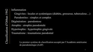 Inflammation
Gingivites : locales et systémiques (diabète, grossesse, tuberculose…)
Parodontites : simplex et complex
Dégénération : parodontose
Atrophie : atrophie parodontale
Hypertrophie : hypertrophie gingivale
Traumatisme : traumatisme parodontal
Le premier système de classification accepté par l’Académie américaine
de parodontologie (AAP)
Classificationd’Orban1942
22
 