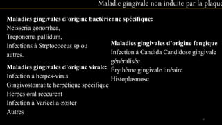 Maladies gingivales d’origine bactérienne spécifique:
Neisseria gonorrhea,
Treponema pallidum,
Infections à Strptococcus sp ou
autres.
Maladies gingivales d’origine fongique
Infection à Candida Candidose gingivale
généralisée
Érythème gingivale linéaire
Histoplasmose
Maladies gingivales d’origine virale:
Infection à herpes-virus
Gingivostomatite herpétique spécifique
Herpes oral reccurent
Infection à Varicella-zoster
Autres
Maladie gingivale non induite par la plaque
40
 