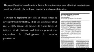 la plaque ne représente que 20% du risque direct de
développer une parodontite, il ne faut donc pas oublier
que les 80% restants de facteurs de risque directs et
indirects et de facteurs modificateurs peuvent être
responsables du développement de maladies
parodontales
Bien que l'hygiène buccale reste le facteur le plus important pour obtenir et maintenir une
santé parodontale, elle ne devrait pas être le seul centre d'attention.
64
 